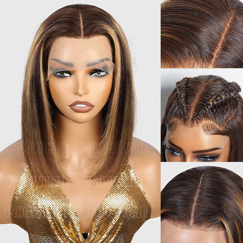 Bob Wig With P4/27 Highlights, Showcasing Pre-Plucked Lace Front and Glossy Finish