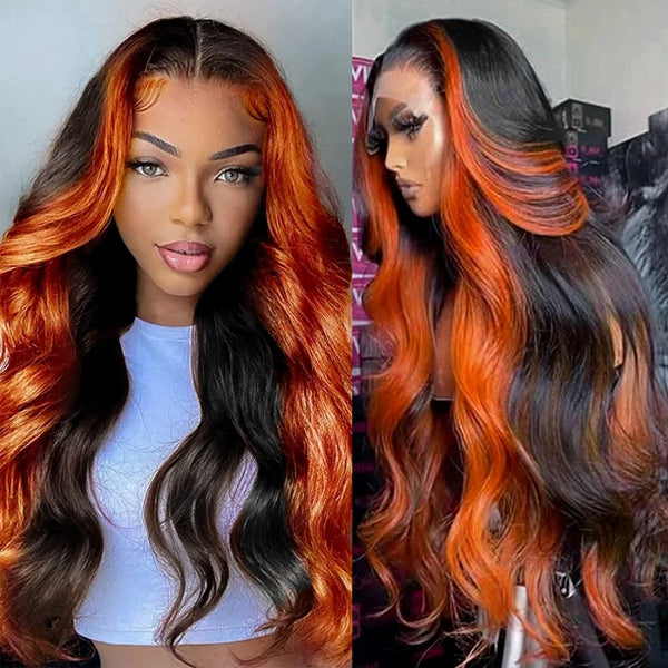 Ishow Ginger Black Colored Wigs 13x4 HD Glueless Human Hair Wig Ginger Highlighted Body Wave Wig Pre Plucked