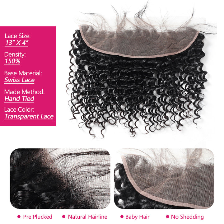 13X4 Lace Frontal in Deep Wave Texture, Swiss Lace in Natural Black Color