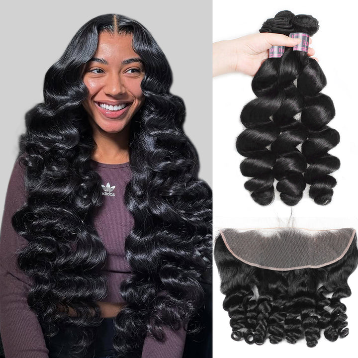 Indian Loose Wave hair extensions set with three bundles and 13x4 lace frontal closure in natural black color.