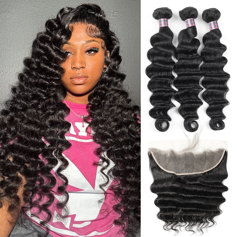 Brazilian Loose Deep Wave 3 Bundles With 13x4 Ear To Ear Lace Frontal Closure Ishow Hair - IshowHair