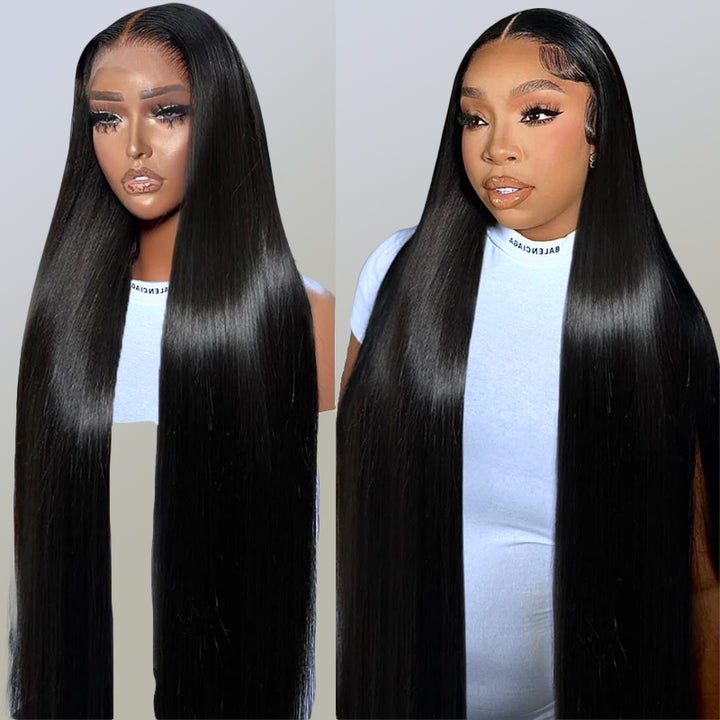 Long Straight Black Hair Wig On Mannequin and Model, Showcasing Natural Look