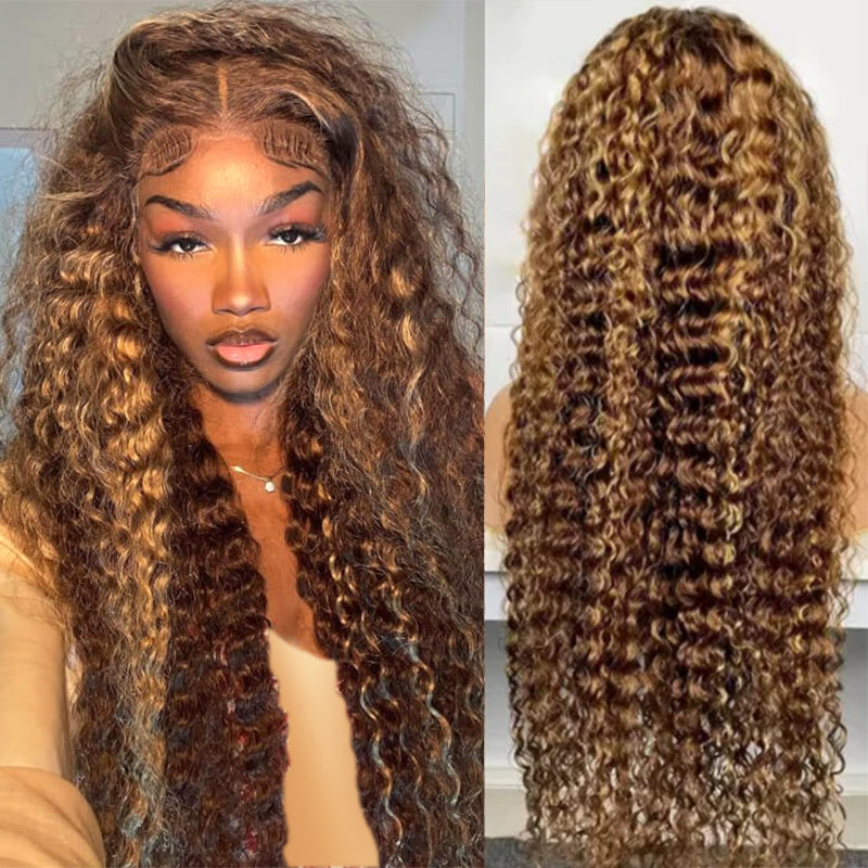 Woman wearing Ishow Honey Blonde Deep Wave Wig with HD Lace, middle part, 100% human hair