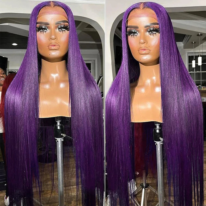 Dark purple straight lace front wig on mannequin and woman, Remy human hair with pre-plucked hairline and transparent lace, styled in straight and curly textures.