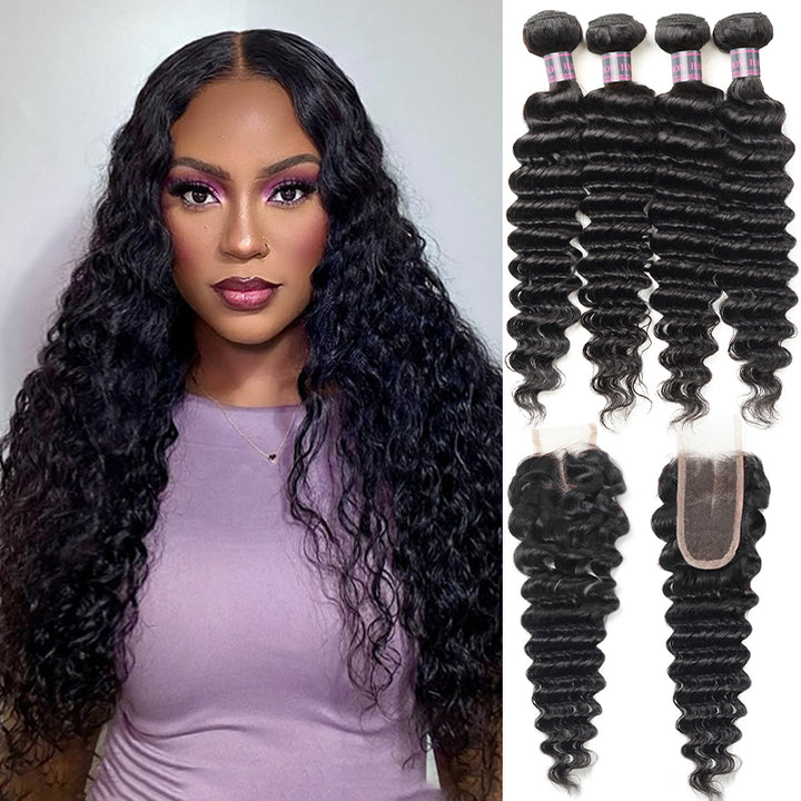 Ishow Deep Wave Human Hair Bundles With Closure Peruvian Hair 4 Bundles With 2x6 Lace Closure