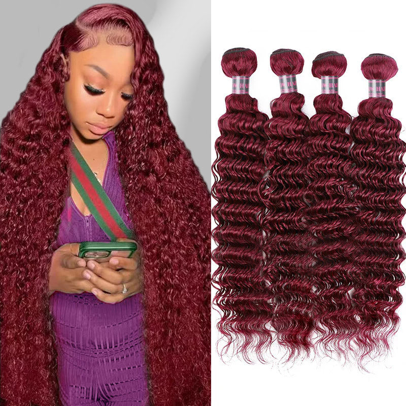 Ishow 99j deep wave burgundy human hair extension bundle with close-up images of weft, wave texture, and healthy ends. Descriptive text highlights top quality human hair, tangle free, shedding free, cuticle hold, and healthy ends.