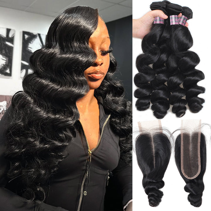 Ishow Loose Wave Hair Bundles With Closure Brazilian Hair 4 Bundles With 2x6 Lace Closure