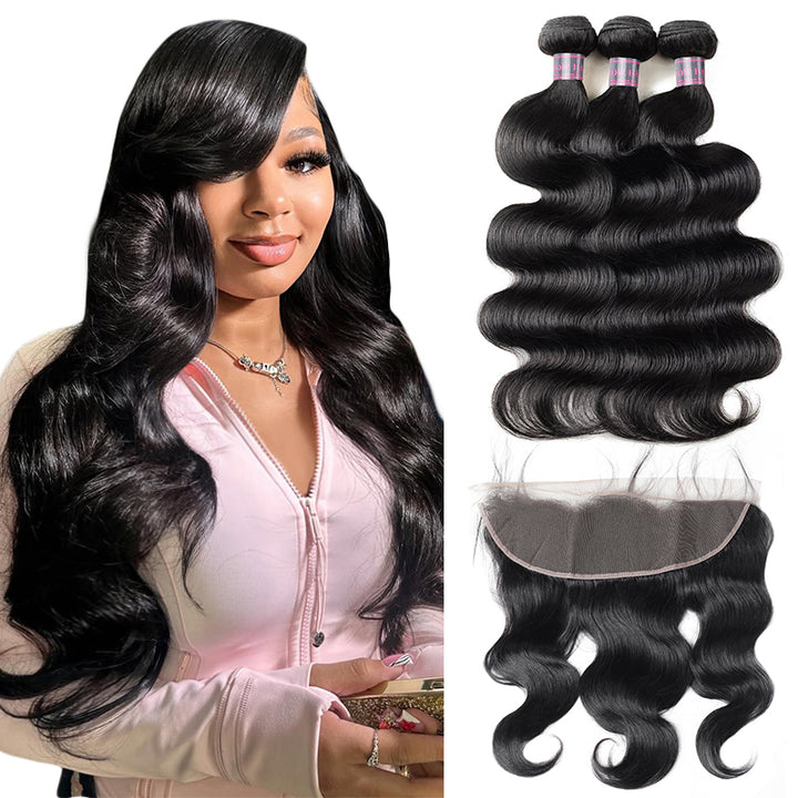 HD Lace Frontal with Bundles Malaysian Body Wave Hair 3 Bundles with 13x4 Lace Frontal