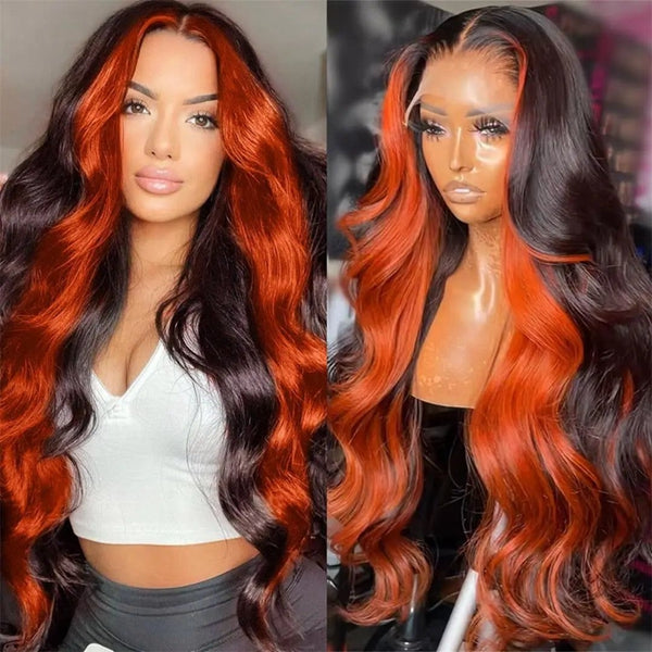 Ishow Ginger Black Colored Wigs 13x4 HD Glueless Human Hair Wig Highlighted Body Wave Wig Pre Plucked