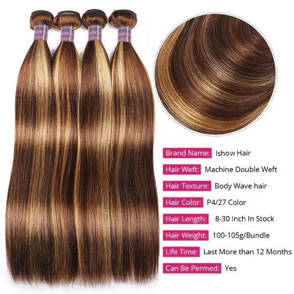 Ishow Straight Hair Bundles With Closure Brazilian P4/27 Color Human Hair 4 Bundles With 4x4 Lace Closure