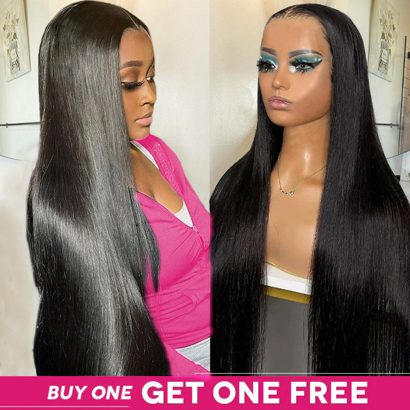 Model in pink shirt wearing Ishow Beauty straight hair human hair wig with 4x4 lace closure on left, same wig on mannequin head on right.