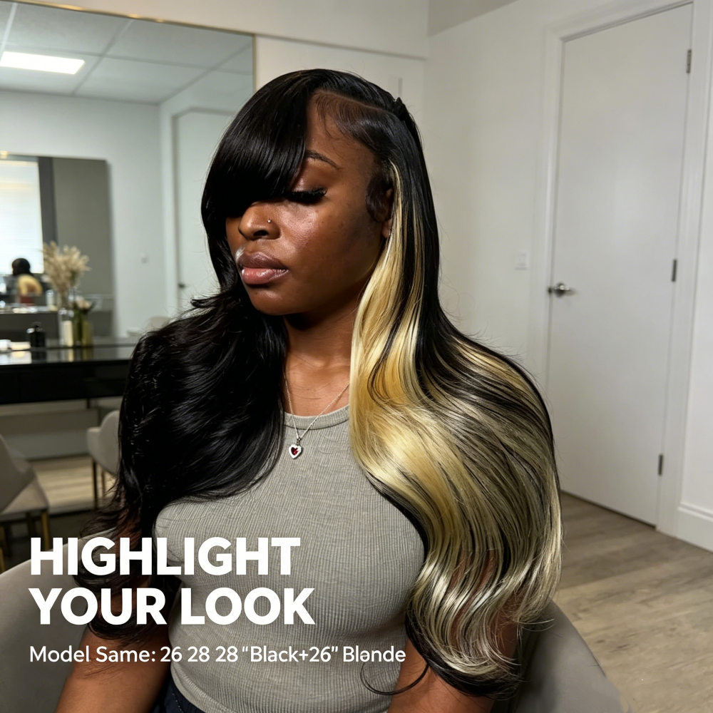 Woman With Body Wave Hair Featuring A Black To Blonde Ombre In A Room.