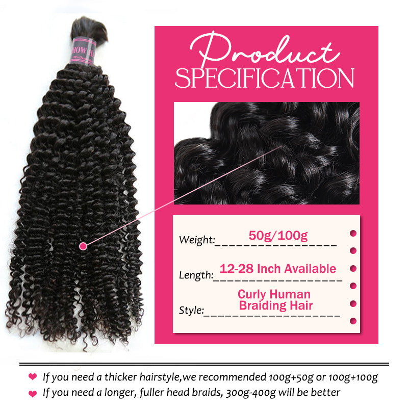 Curly Human Braiding Hair Specifications, 50G/100G, 12-28 Inch Length