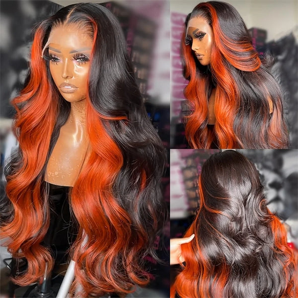 Ishow Ginger Black Colored Wigs 13x4 HD Glueless Human Hair Wig Ginger Highlighted Body Wave Wig Pre Plucked