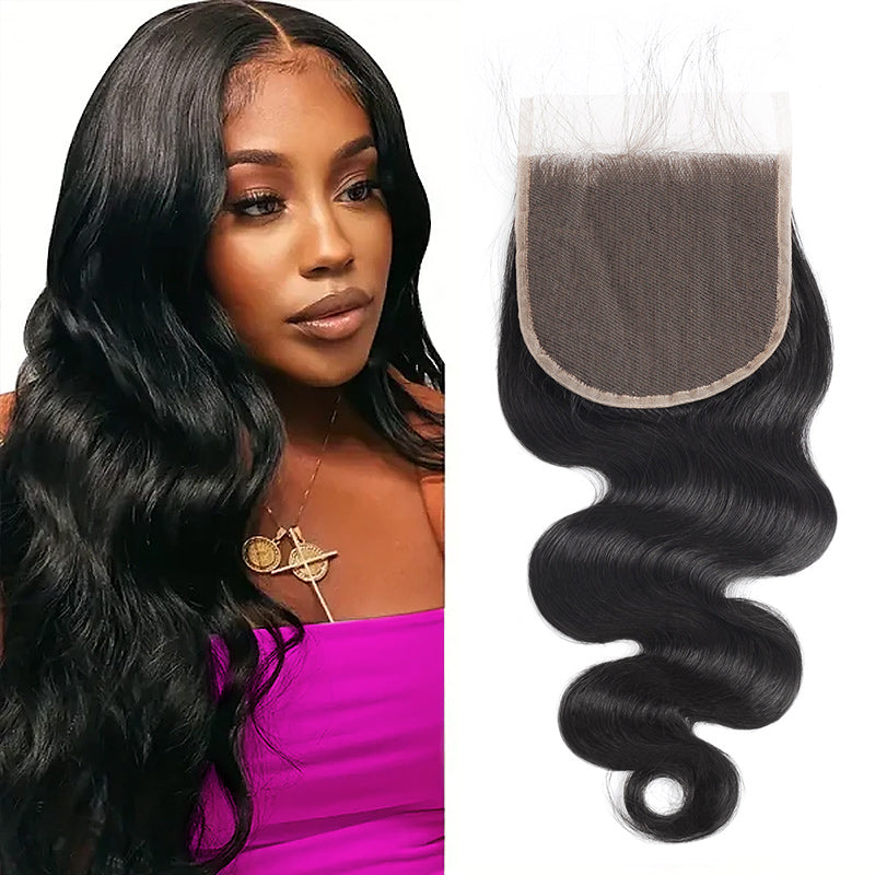 Hands holding Ishow Hair Body Wave 4x4 Lace Closure in natural black color, showcasing the texture and quality of Brazilian human hair with baby hair.