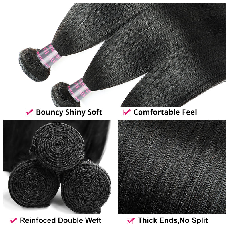 Ishow Bundles With Closure Malaysian Yaki Straight Human Hair 4 Bundles With 4x4 Lace Closure