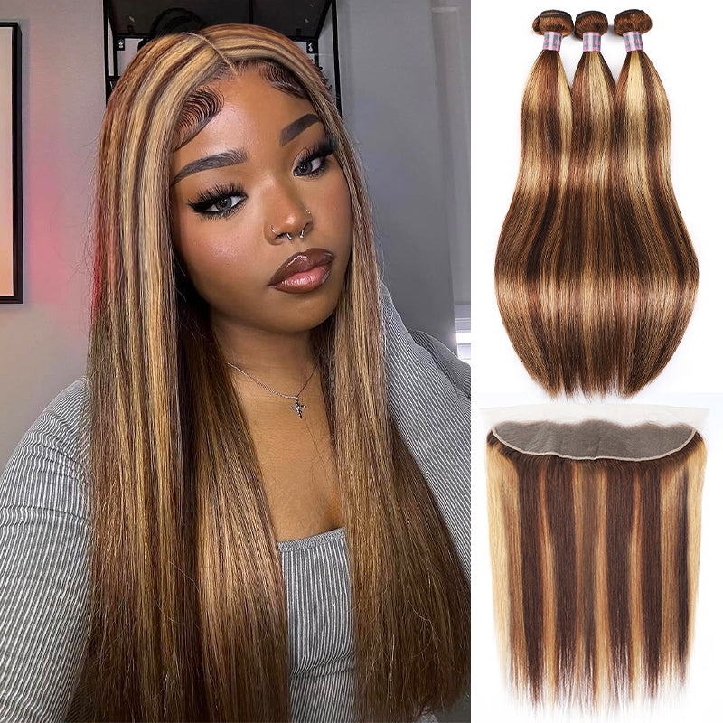 Ishow Beauty P4/27 Honey Blonde Straight Human Hair Weave Bundles With 13x4 Lace Frontal - IshowHair