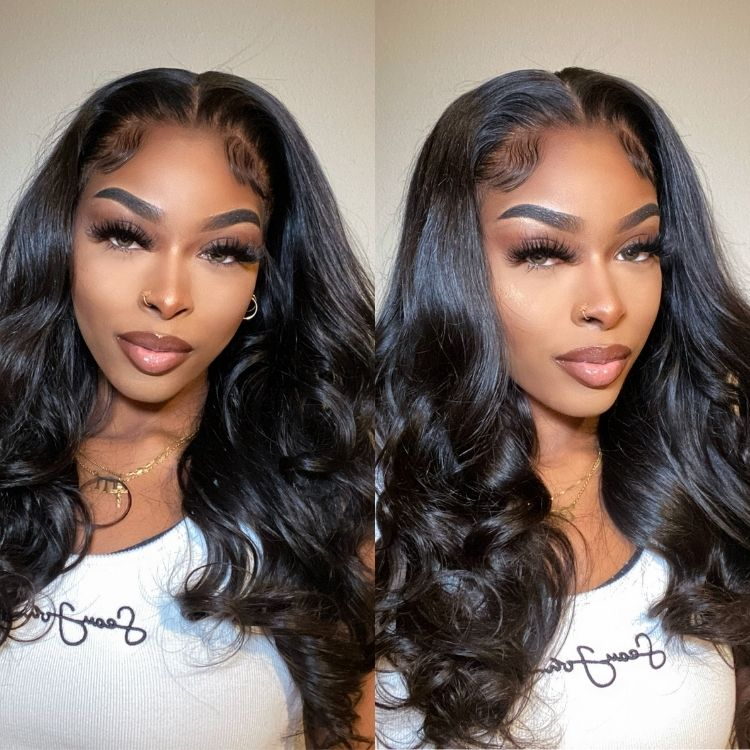 Model Showcasing 13X6 HD Lace Frontal Body Wave Wig in Natural Black Color