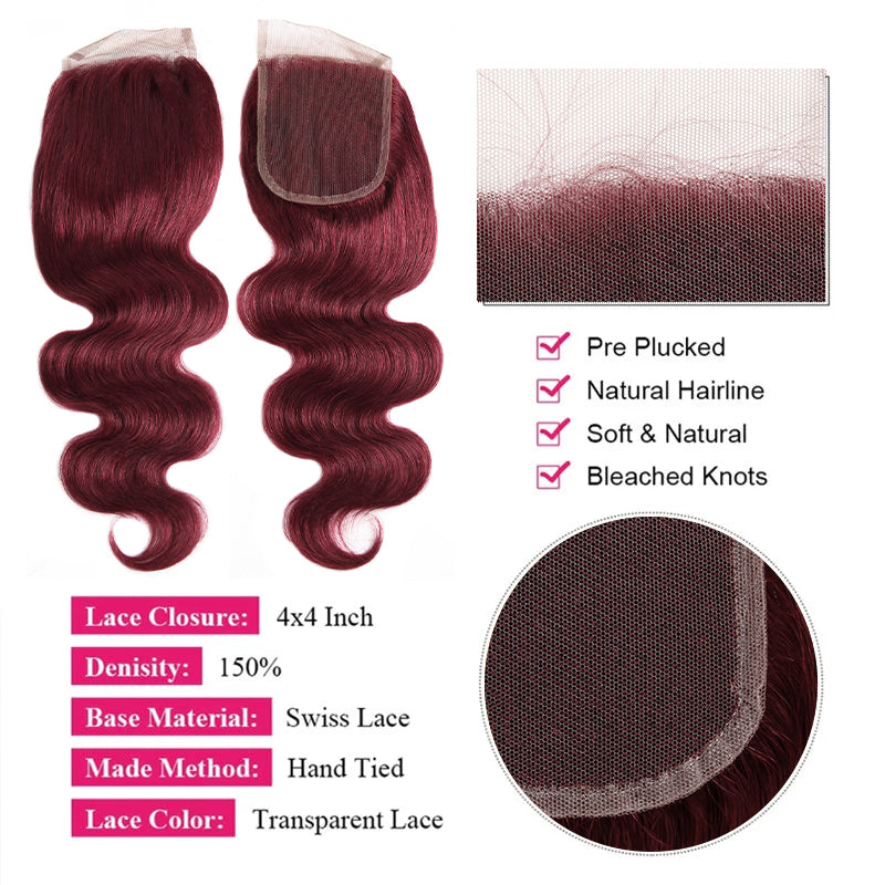 Ishow 99J Burgundy Body Wave Brazilian Human Hair Bundles With 4x4 Lace Closure 4 Bundles With Lace Closure