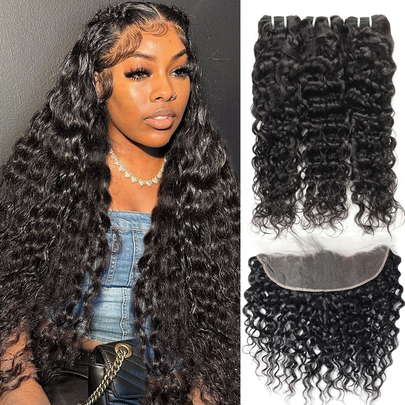 Indian Water Wave hair extensions set with three bundles and 13x4 lace frontal closure in natural black color.