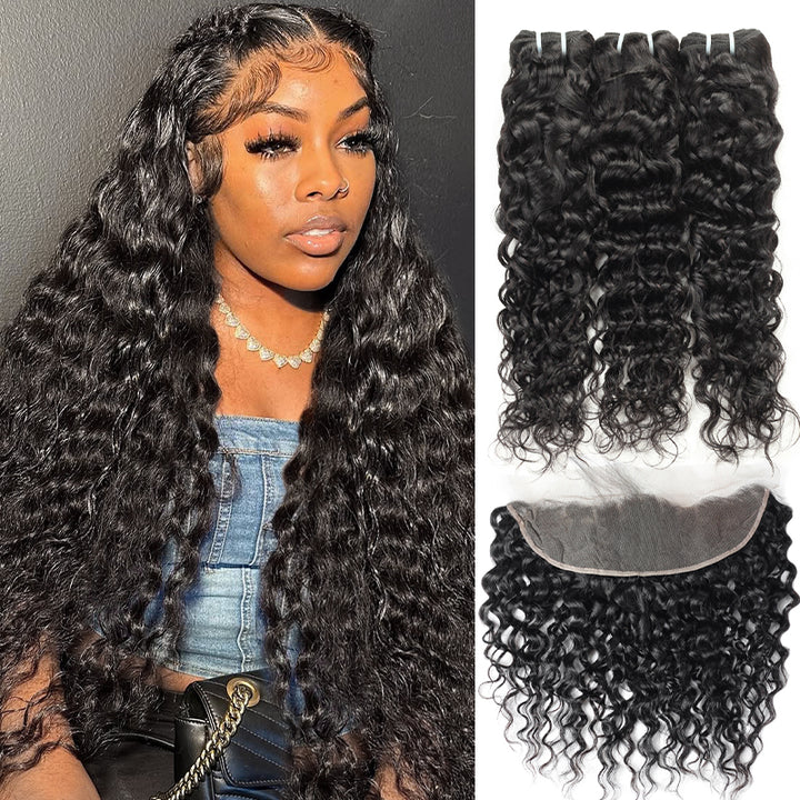 Indian Water Wave hair extensions set with three bundles and 13x4 lace frontal closure in natural black color.