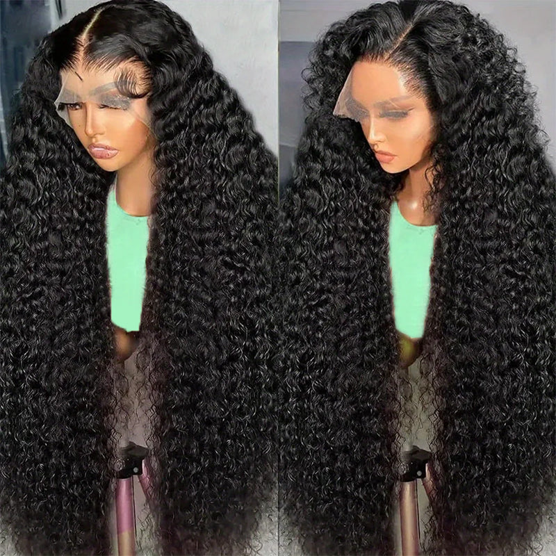 Woman with long deep wave lace frontal wig in natural black, showcasing voluminous curls in a modern kitchen setting. The wig is made from 100% human hair, offering a glamorous look.