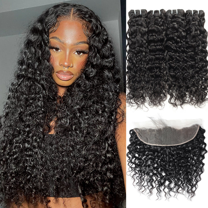 4 Bundles Peruvian Water Wave Hair Bundles With Ear To Ear Lace Frontal Closure 100% Virgin Remy Human Hair Weave - IshowHair