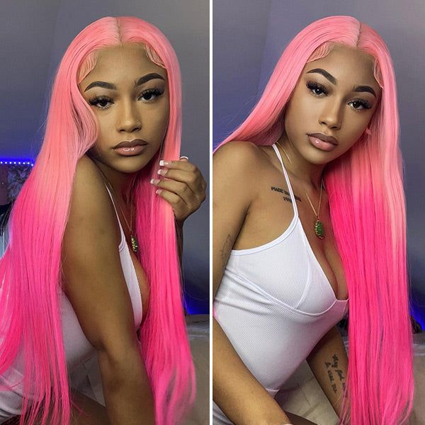 Barbie Pink Straight Human Hair Wigs HD Lace Frontal Wig Ombre Rose Pink Color Pre Plucked