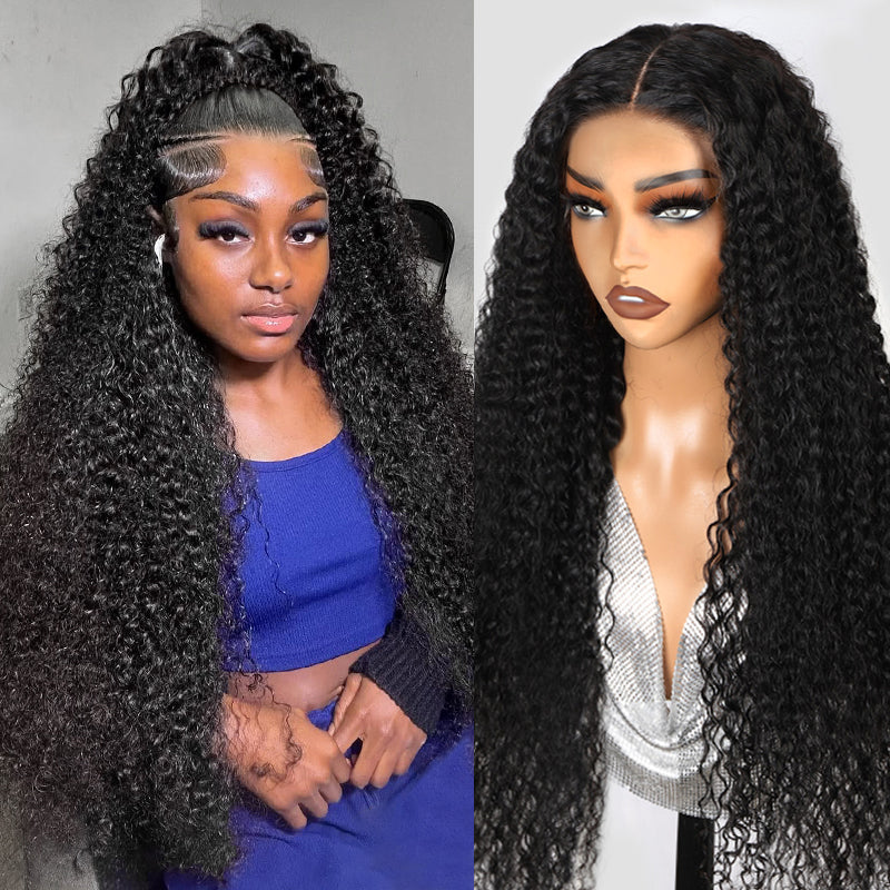 Woman wearing Curly Human Hair Wig with Natural Hairline and HD Lace Front, showcasing long, curly locks. Product by Ishow Beauty.