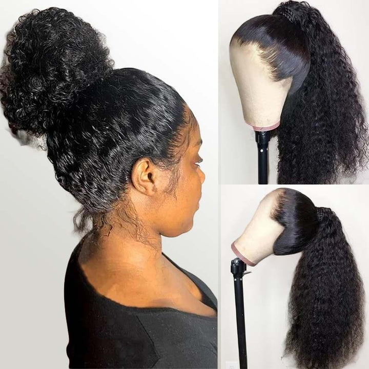 Kinky Curly Human Hair Wig Styled in a Bun and Ponytail for Natural Look