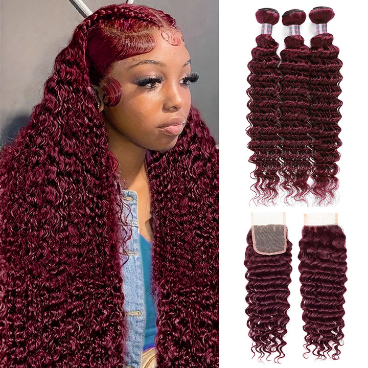 99J Burgundy Bundles with Closure Brazilian Deep Wave Human Hair Bundles with Closure