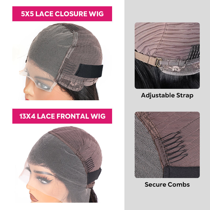 Wig with lace closure and frontal, showing adjustable strap and secure combs.