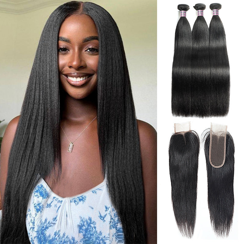 A Women Wearing Upgrade Yaki Straight Style Hair, Feature with Human Hair Bundles And Deep Part Lace Closure