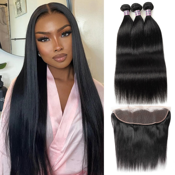 Ishow Virgin Brazilian Straight Hair Weave 3 Bundles with 13x4 Lace Frontal