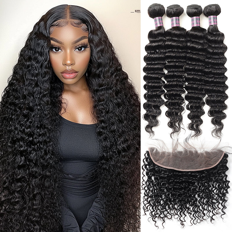 Ishow Brazilian Deep Wave Hair 4 Bundles With 13*4 Lace Frontal Closure