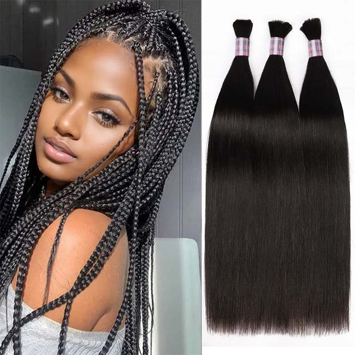 Model With Black Straight Hair Beside Three Bundles of Silky Straight Hair