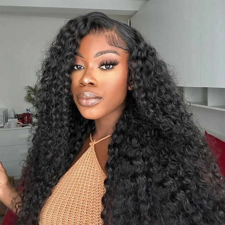 Woman With Deep Curly Lace Front Wig in Natural Black Color