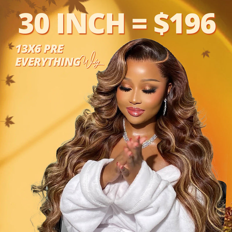 A black woman with styled p4/27 highlight wig against a yellow background with text saying"30" 13x6 wig only $196"