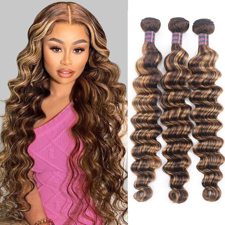 Three honey blonde P4/27 highlight loose deep wave Brazilian human hair bundles with tightly coiled waves side by side