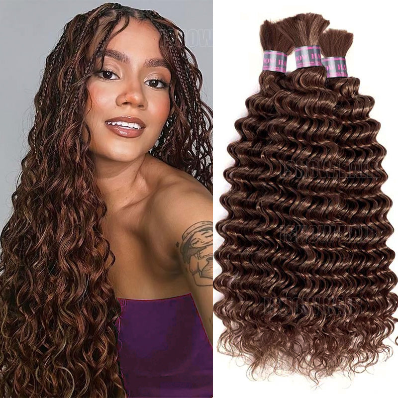 Ishow #4 Brown Deep Wave Human Hair Bulk For Braiding No Weft Hair Extensions