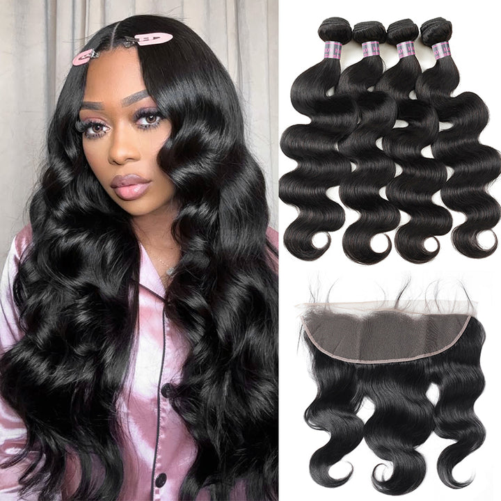 Ishow Hair Malaysian Body Wave 4 Bundles with 13x4 Lace Frontal