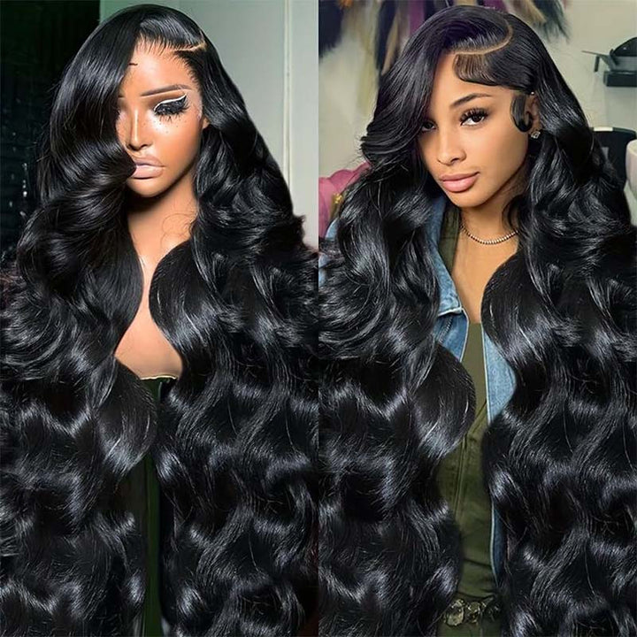 Long Wavy Black Human Hair Wig On Mannequin and Model Wearing It