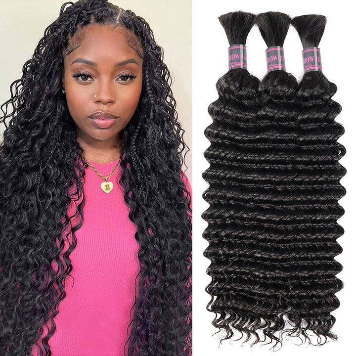 Three bundles of Ishow Beauty Deep Wave Bulk Human Hair Extensions in natural black color with deep wave curls