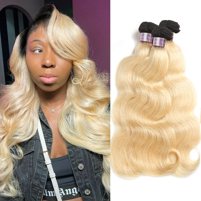 Blonde Body Wave Hair Model With Ishow T1B/613 Bundles Displayed Beside Her