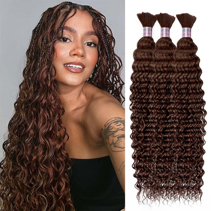 Ishow #4 Brown Deep Wave Human Hair Bulk For Braiding No Weft Hair Extensions