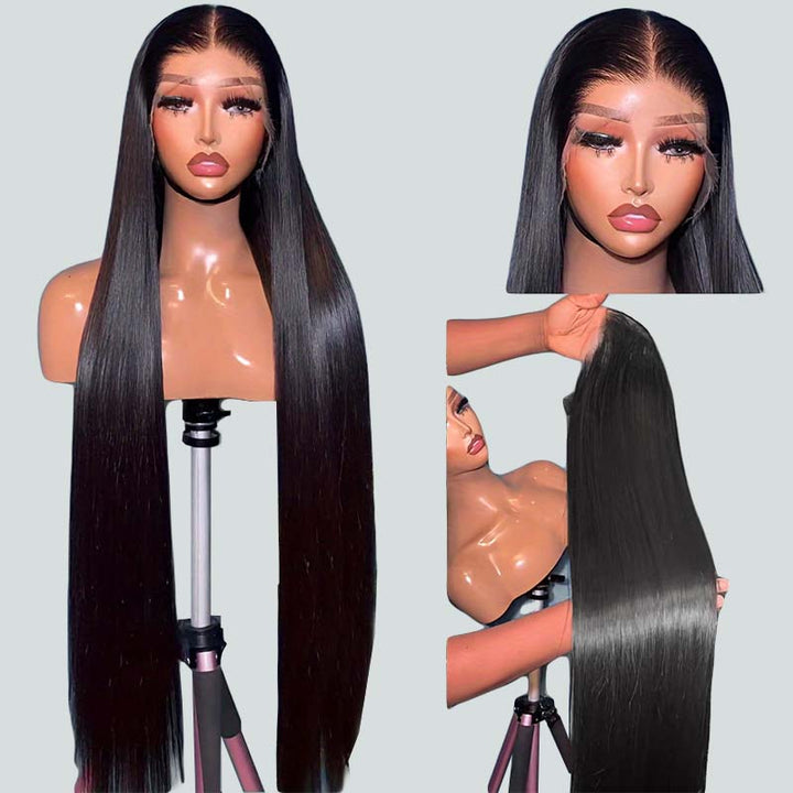 Sleek Long Straight Black Human Hair Wig Displayed On Mannequin With Shiny Finish