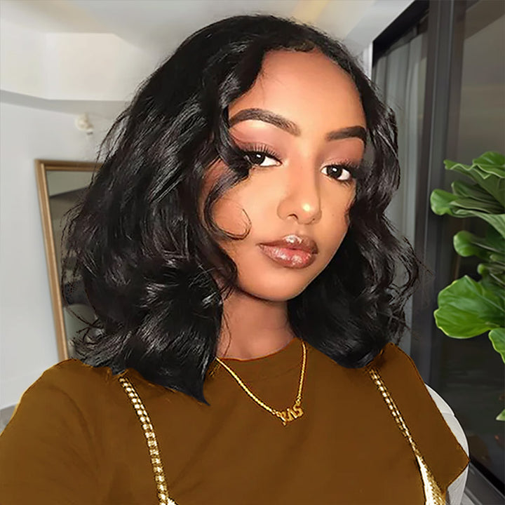 Woman wearing a natural black body wave short bob wig, styled with pre-cut layers and a voluminous look, from Ishow Hair's 5x5 HD lace closure wig collection