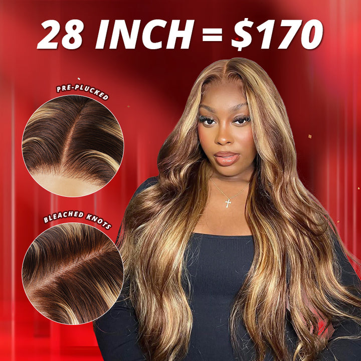 28 Inch Honey Blonde Highlights Pre-Plucked Lace Front Wig for $170