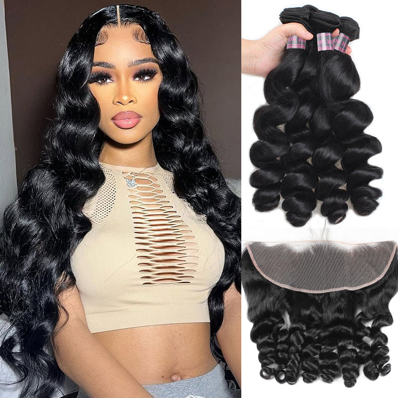 Indian Remy Human Hair Bundles Ishow Hair Weave Loose Wave 4 Bundles With 13x4 Ear To Ear Lace Frontal Closure - IshowVirginHair