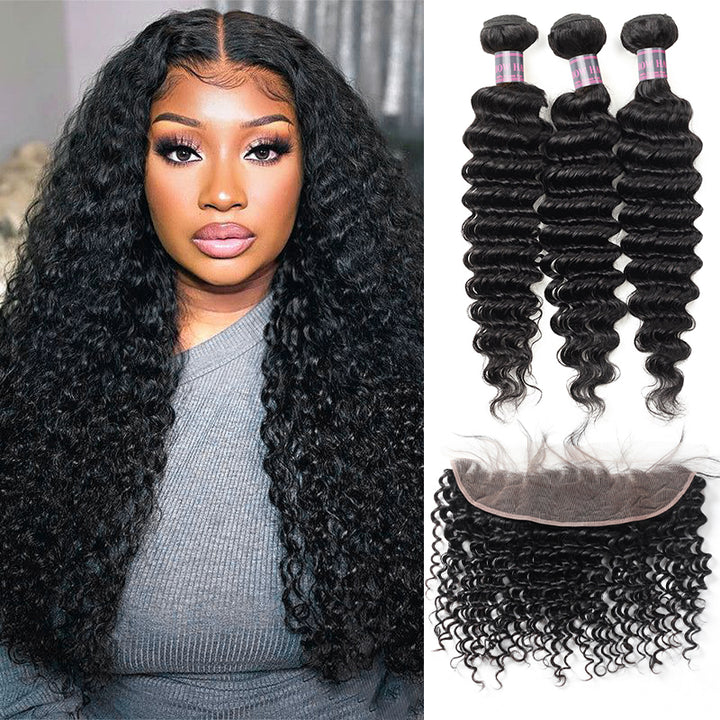 Deep Wave Bundles With Lace Frontal Hairstyle in Natural Black Color